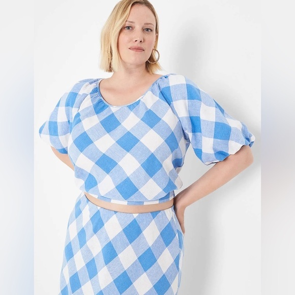 LANE BRYANT Crop Balloon-Sleeve Top & midi skirt set LINEN Lattice Check SIZE 22 - Picture 4 of 15